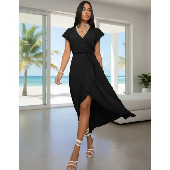 Kadın Kısa Kollu Kruvaze Yakalı Belden Kuşaklı Midi Aerobin Elbise , 32264