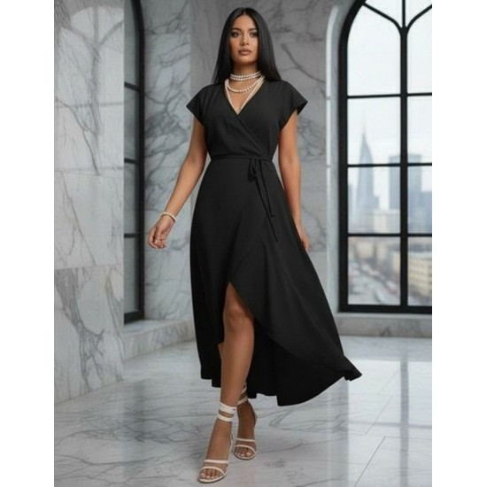 Kadın Kısa Kollu Kruvaze Yakalı Belden Kuşaklı Midi Aerobin Elbise , 32264