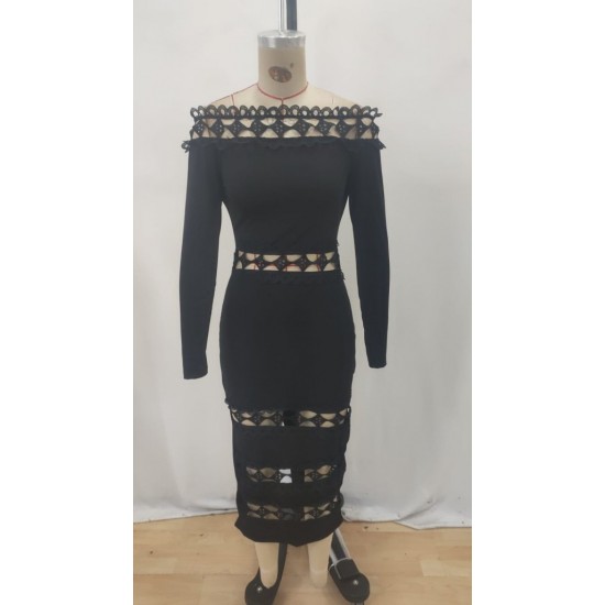 Kadın Uzun Kollu Madonna Dantel Yaka Yırtmaçlı Midi Dalgıç Elbise, 32267