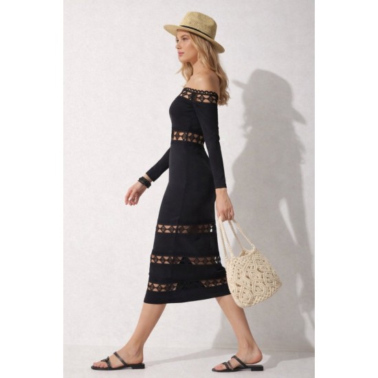 Kadın Uzun Kollu Madonna Dantel Yaka Yırtmaçlı Midi Dalgıç Elbise, 32267