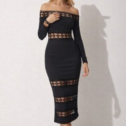 Kadın Uzun Kollu Madonna Dantel Yaka Yırtmaçlı Midi Dalgıç Elbise, 32267