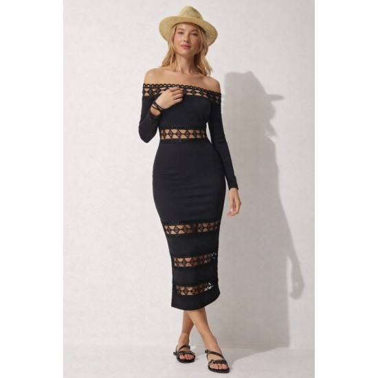 Kadın Uzun Kollu Madonna Dantel Yaka Yırtmaçlı Midi Dalgıç Elbise, 32267