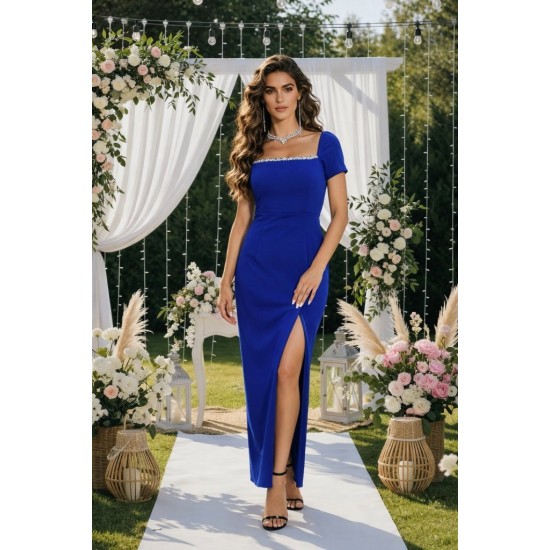 Kadın Kısa Kollu Kare Yakalı Sim Detaylı Arkadan Bağcıklı Yırtmaçlı Uzun Ithal Krep Elbise , 32276