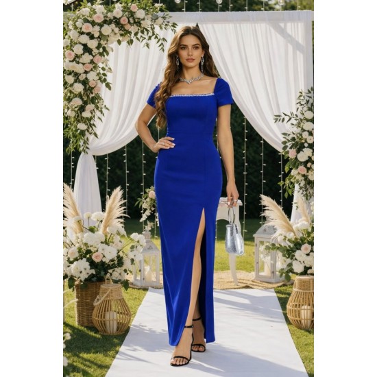 Kadın Kısa Kollu Kare Yakalı Sim Detaylı Arkadan Bağcıklı Yırtmaçlı Uzun Ithal Krep Elbise , 32276