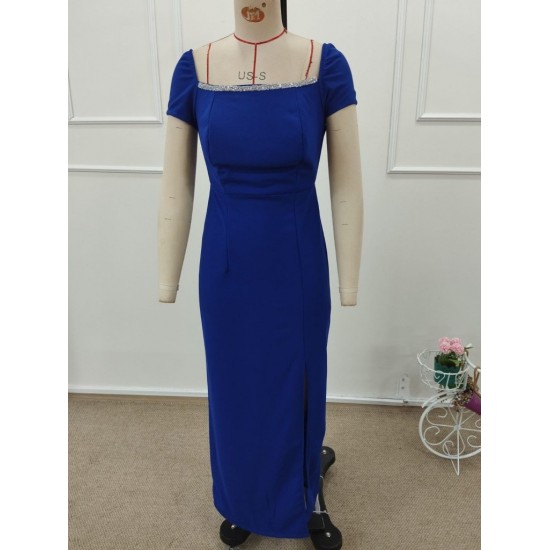 Kadın Kısa Kollu Kare Yakalı Sim Detaylı Arkadan Bağcıklı Yırtmaçlı Uzun Ithal Krep Elbise , 32276