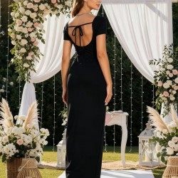 Kadın Kısa Kollu Kare Yakalı Sim Detaylı Arkadan Bağcıklı Yırtmaçlı Uzun Ithal Krep Elbise , 32274