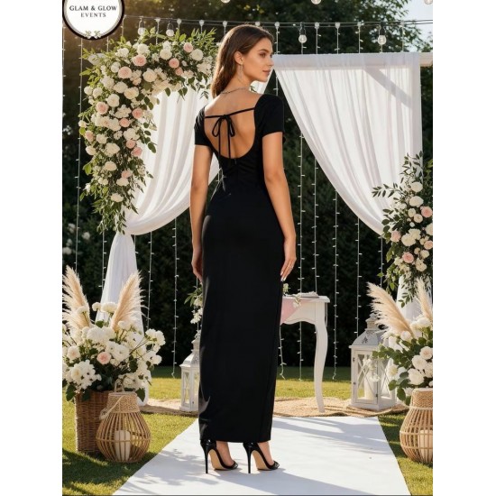 Kadın Kısa Kollu Kare Yakalı Sim Detaylı Arkadan Bağcıklı Yırtmaçlı Uzun Ithal Krep Elbise , 32274 Kadın Kısa Kollu Kare Yakalı Sim Detaylı Arkadan Bağcıklı Yırtmaçlı Uzun Ithal Krep Elbise , 32274