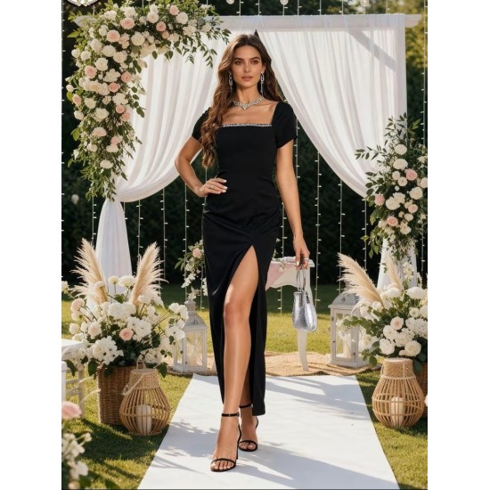 Kadın Kısa Kollu Kare Yakalı Sim Detaylı Arkadan Bağcıklı Yırtmaçlı Uzun Ithal Krep Elbise , 32274 Kadın Kısa Kollu Kare Yakalı Sim Detaylı Arkadan Bağcıklı Yırtmaçlı Uzun Ithal Krep Elbise , 32274