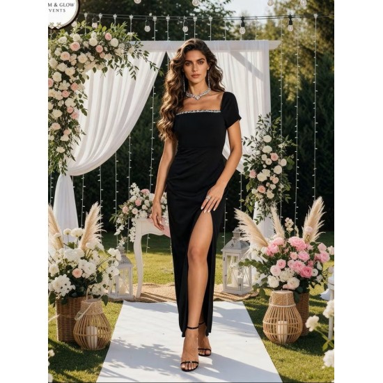 Kadın Kısa Kollu Kare Yakalı Sim Detaylı Arkadan Bağcıklı Yırtmaçlı Uzun Ithal Krep Elbise , 32274 Kadın Kısa Kollu Kare Yakalı Sim Detaylı Arkadan Bağcıklı Yırtmaçlı Uzun Ithal Krep Elbise , 32274