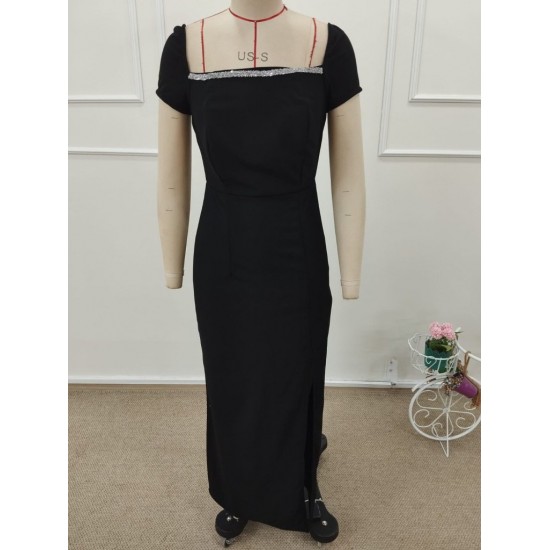 Kadın Kısa Kollu Kare Yakalı Sim Detaylı Arkadan Bağcıklı Yırtmaçlı Uzun Ithal Krep Elbise , 32274 Kadın Kısa Kollu Kare Yakalı Sim Detaylı Arkadan Bağcıklı Yırtmaçlı Uzun Ithal Krep Elbise , 32274