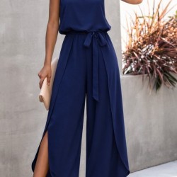 Kadın Ip Askılı V Yakalı Belden Kuşaklı Yandan Yırtmaçlı Uzun Aerobin Tulum , 32272