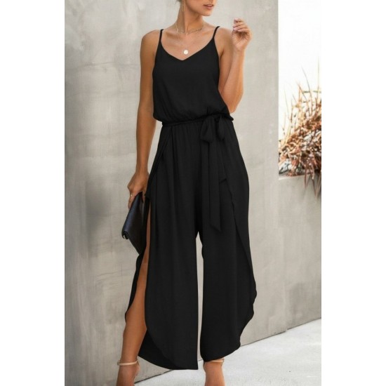 Kadın Ip Askılı V Yakalı Belden Kuşaklı Yandan Yırtmaçlı Uzun Aerobin Tulum , 32270