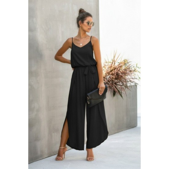 Kadın Ip Askılı V Yakalı Belden Kuşaklı Yandan Yırtmaçlı Uzun Aerobin Tulum , 32270