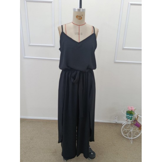 Kadın Ip Askılı V Yakalı Belden Kuşaklı Yandan Yırtmaçlı Uzun Aerobin Tulum , 32270