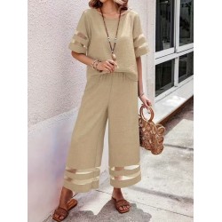 Kadın Kısa Kollu Bisiklet Yakalı Tül şerit Detaylı Bluz Ve Pantolon Ikili Takım, 32286