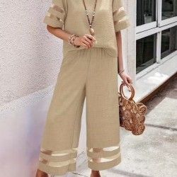 Kadın Kısa Kollu Bisiklet Yakalı Tül şerit Detaylı Bluz Ve Pantolon Ikili Takım, 32286