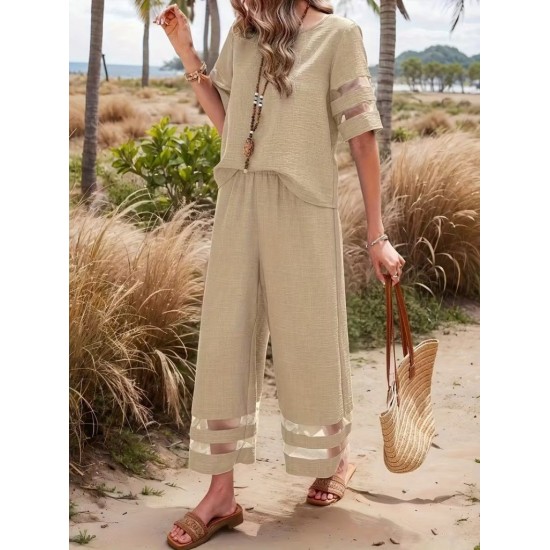 Kadın Kısa Kollu Bisiklet Yakalı Tül şerit Detaylı Bluz Ve Pantolon Ikili Takım, 32286 Kadın Kısa Kollu Bisiklet Yakalı Tül şerit Detaylı Bluz Ve Pantolon Ikili Takım, 32286