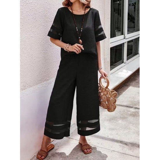 Kadın Kısa Kollu Bisiklet Yakalı Tül şerit Detaylı Bluz Ve Pantolon Ikili Takım, 32283