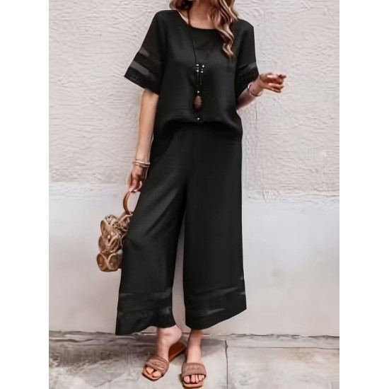 Kadın Kısa Kollu Bisiklet Yakalı Tül şerit Detaylı Bluz Ve Pantolon Ikili Takım, 32283