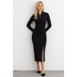 Kadın Uzun Kollu Balıkçı Yaka önden Fermuarlı Yırtmaçlı Midi Viskon Iki Iplik Elbise , 32281