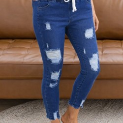 Kadın Yüksek Bel Beli Bağcıklı önden Yırtık Desenli Kot Pantolon , 32294