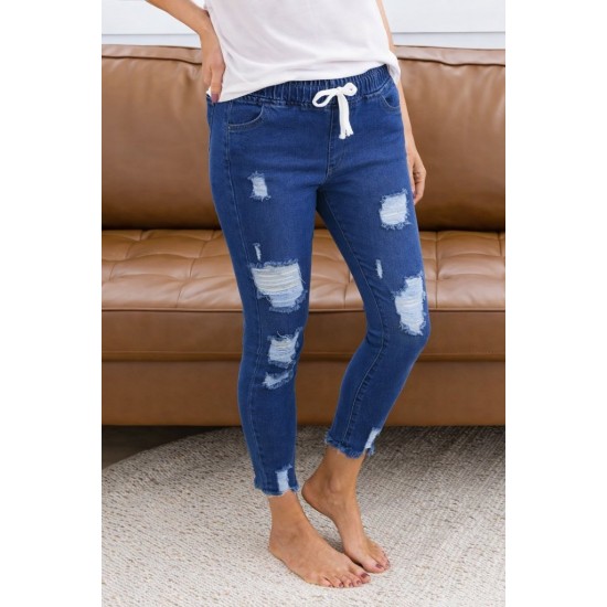 Kadın Yüksek Bel Beli Bağcıklı önden Yırtık Desenli Kot Pantolon , 32294