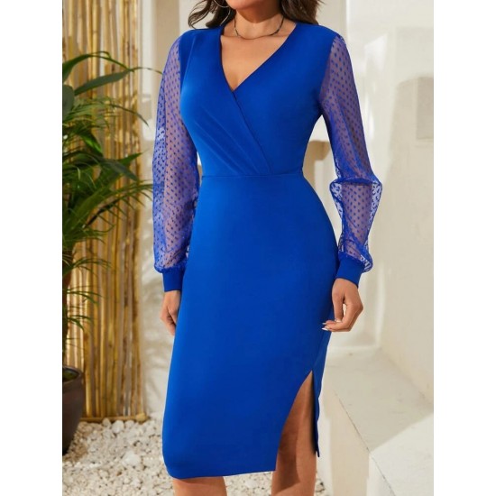 Kadın Uzun Kollu V Yakalı Kollar Puantiyeli Beli Kuşaklı Midi Krep Elbise , 7659 Kadın Uzun Kollu V Yakalı Kollar Puantiyeli Beli Kuşaklı Midi Krep Elbise , 7659