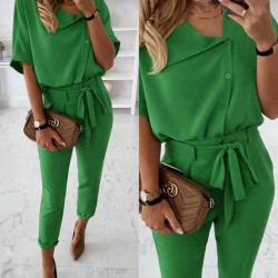 Kadın Kısa Kollu Yakalı önden Düğmeli Bürümcük Bluz Ve Pantolon Ikili Takım , 32308