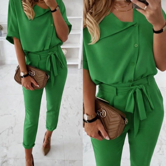 Kadın Kısa Kollu Yakalı önden Düğmeli Bürümcük Bluz Ve Pantolon Ikili Takım , 32308