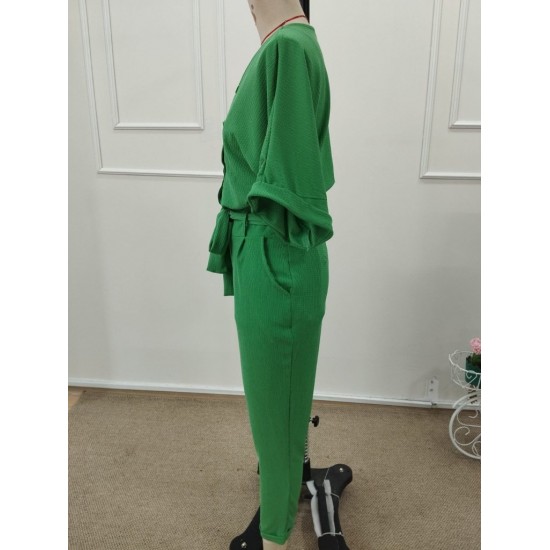 Kadın Kısa Kollu Yakalı önden Düğmeli Bürümcük Bluz Ve Pantolon Ikili Takım , 32308