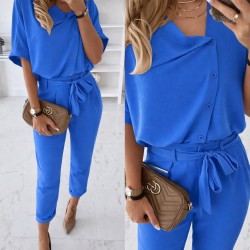 Kadın Kısa Kollu Yakalı önden Düğmeli Bürümcük Bluz Ve Pantolon Ikili Takım , 32307