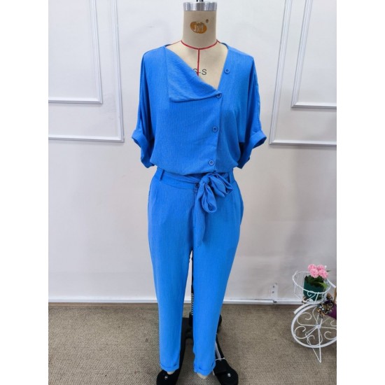 Kadın Kısa Kollu Yakalı önden Düğmeli Bürümcük Bluz Ve Pantolon Ikili Takım , 32307