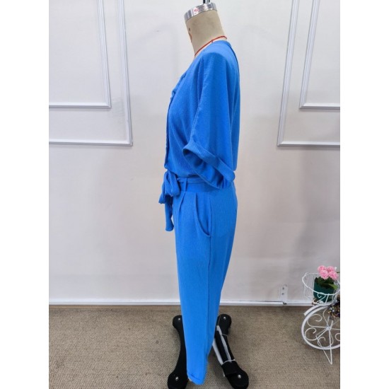 Kadın Kısa Kollu Yakalı önden Düğmeli Bürümcük Bluz Ve Pantolon Ikili Takım , 32307