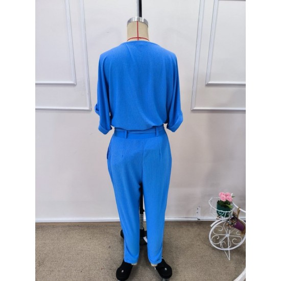 Kadın Kısa Kollu Yakalı önden Düğmeli Bürümcük Bluz Ve Pantolon Ikili Takım , 32307