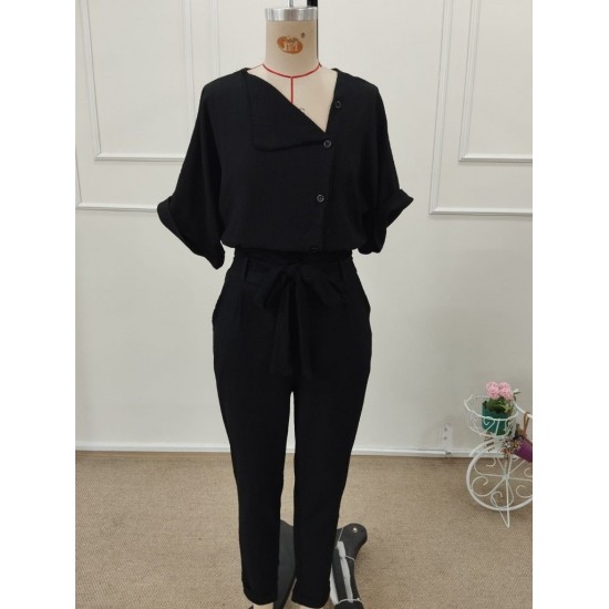 Kadın Kısa Kollu Yakalı önden Düğmeli Bürümcük Bluz Ve Pantolon Ikili Takım , 32305