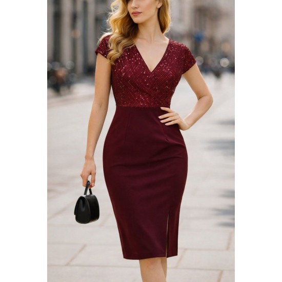 Kadın Kısa Kollu Kruvaze Yakalı ışıltı Detaylı Midi Ithal Krep Elbise , 32321