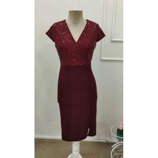 Kadın Kısa Kollu Kruvaze Yakalı ışıltı Detaylı Midi Ithal Krep Elbise , 32321