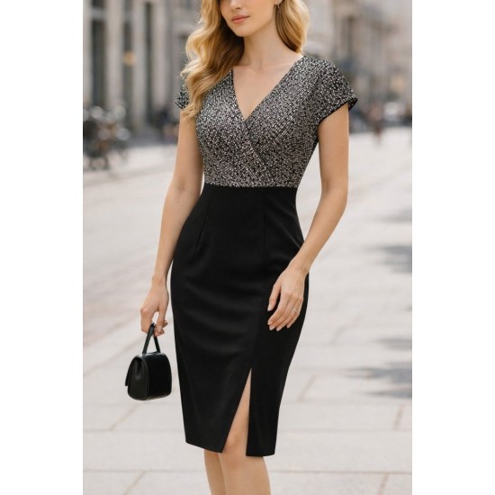 Kadın Kısa Kollu Kruvaze Yakalı ışıltı Detaylı Midi Ithal Krep Elbise , 32319