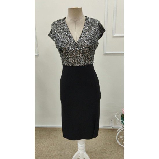 Kadın Kısa Kollu Kruvaze Yakalı ışıltı Detaylı Midi Ithal Krep Elbise , 32319