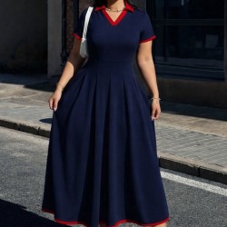 Kadın Kısa Kollu V Yakalı Pileli Uzun Janjan Krep Elbise , 32324