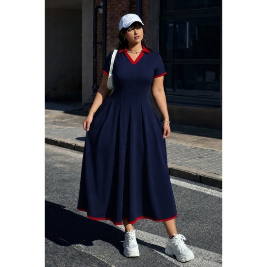 Kadın Kısa Kollu V Yakalı Pileli Uzun Janjan Krep Elbise , 32324