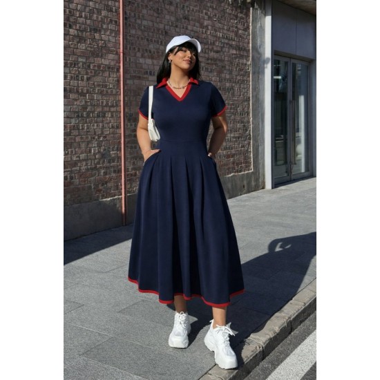 Kadın Kısa Kollu V Yakalı Pileli Uzun Janjan Krep Elbise , 32324