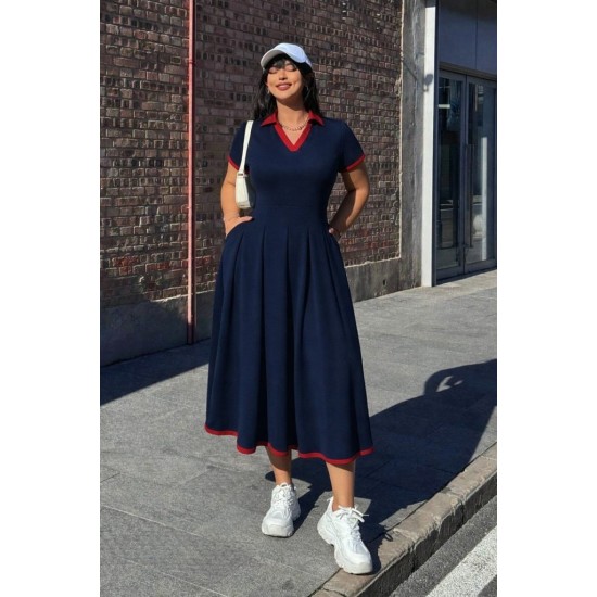 Kadın Kısa Kollu V Yakalı Pileli Uzun Janjan Krep Elbise , 32324