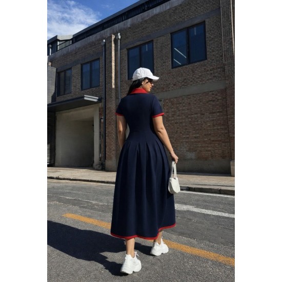 Kadın Kısa Kollu V Yakalı Pileli Uzun Janjan Krep Elbise , 32324