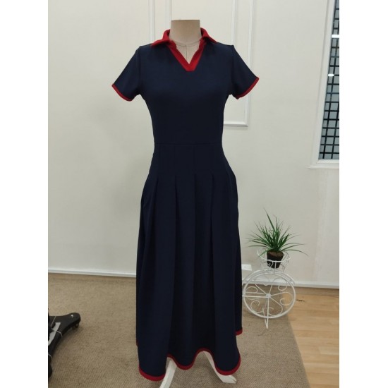 Kadın Kısa Kollu V Yakalı Pileli Uzun Janjan Krep Elbise , 32324