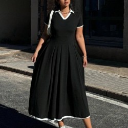 Kadın Kısa Kollu V Yakalı Pileli Uzun Janjan Krep Elbise , 32322