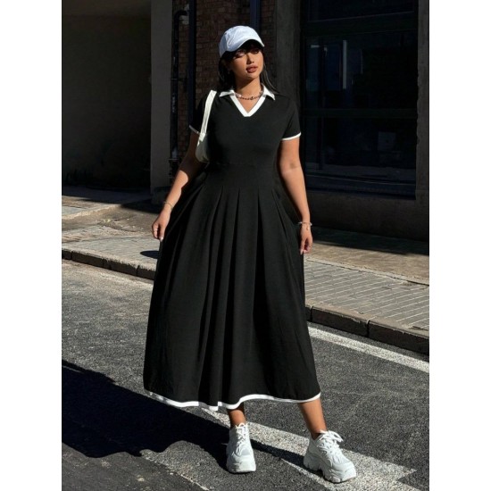 Kadın Kısa Kollu V Yakalı Pileli Uzun Janjan Krep Elbise , 32322