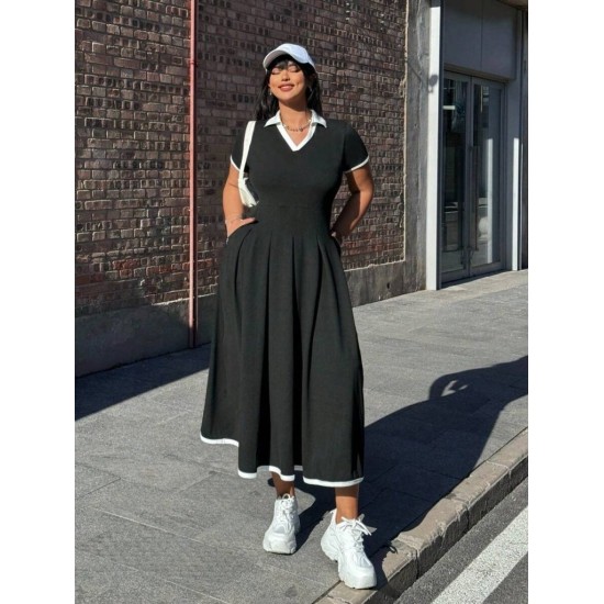 Kadın Kısa Kollu V Yakalı Pileli Uzun Janjan Krep Elbise , 32322