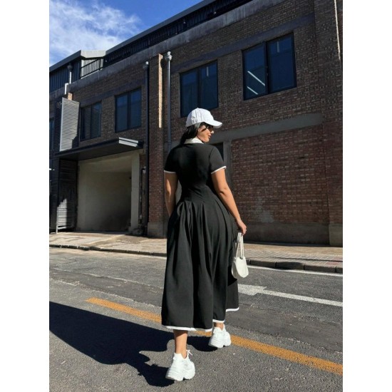 Kadın Kısa Kollu V Yakalı Pileli Uzun Janjan Krep Elbise , 32322