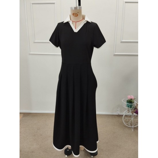 Kadın Kısa Kollu V Yakalı Pileli Uzun Janjan Krep Elbise , 32322